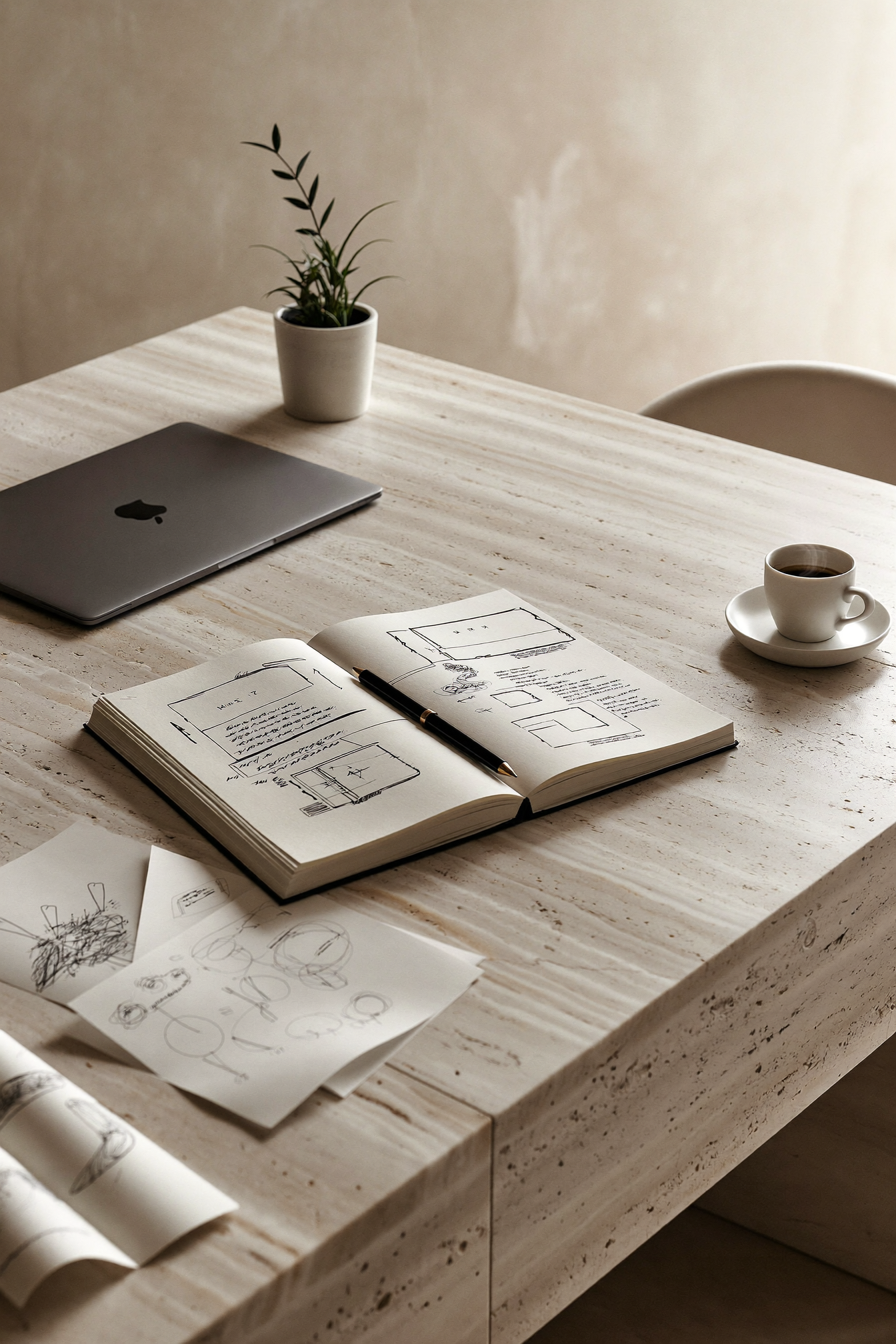 Cuaderno con bocetos y wireframes sobre mesa