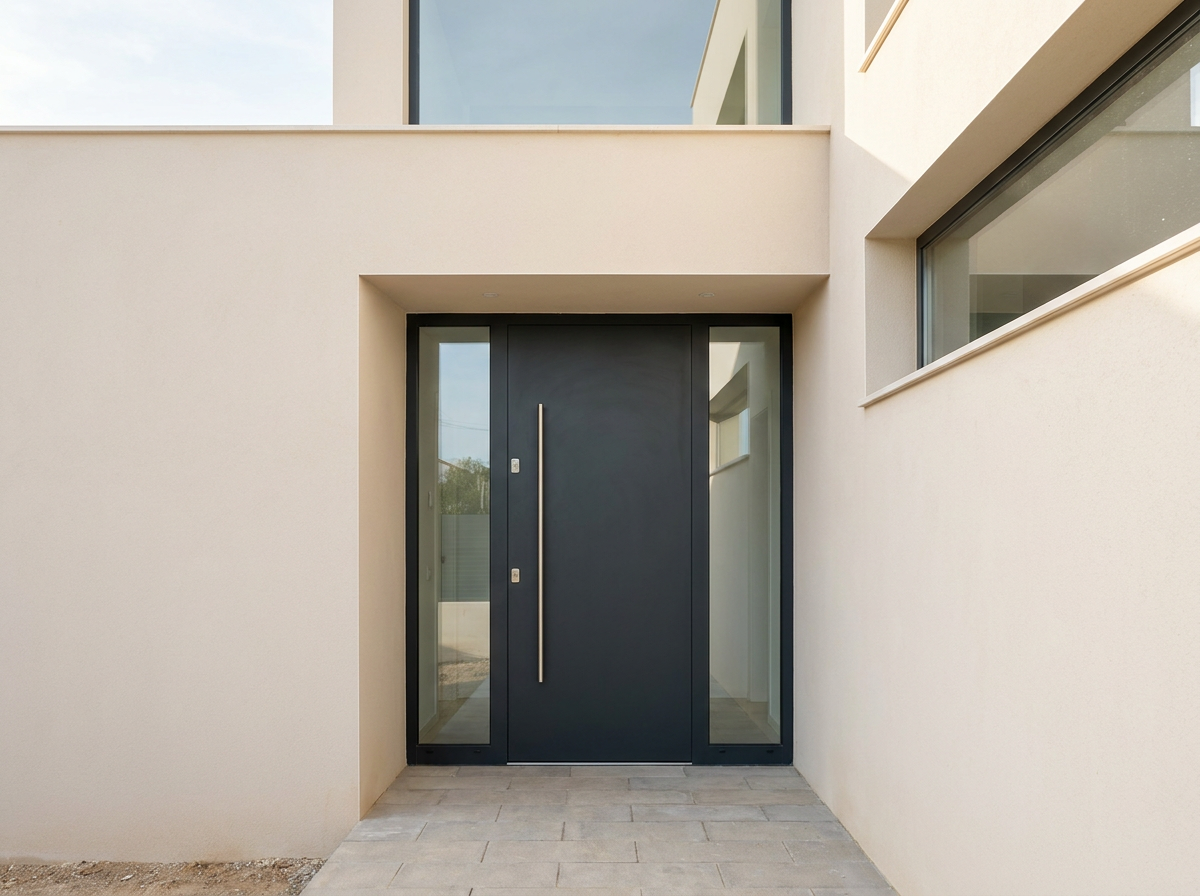 Puerta de entrada de aluminio antracita en edificio residencial
